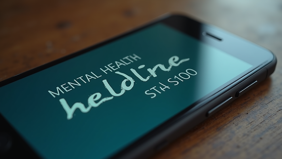 Close-up view of a phone displaying a mental health helpline number