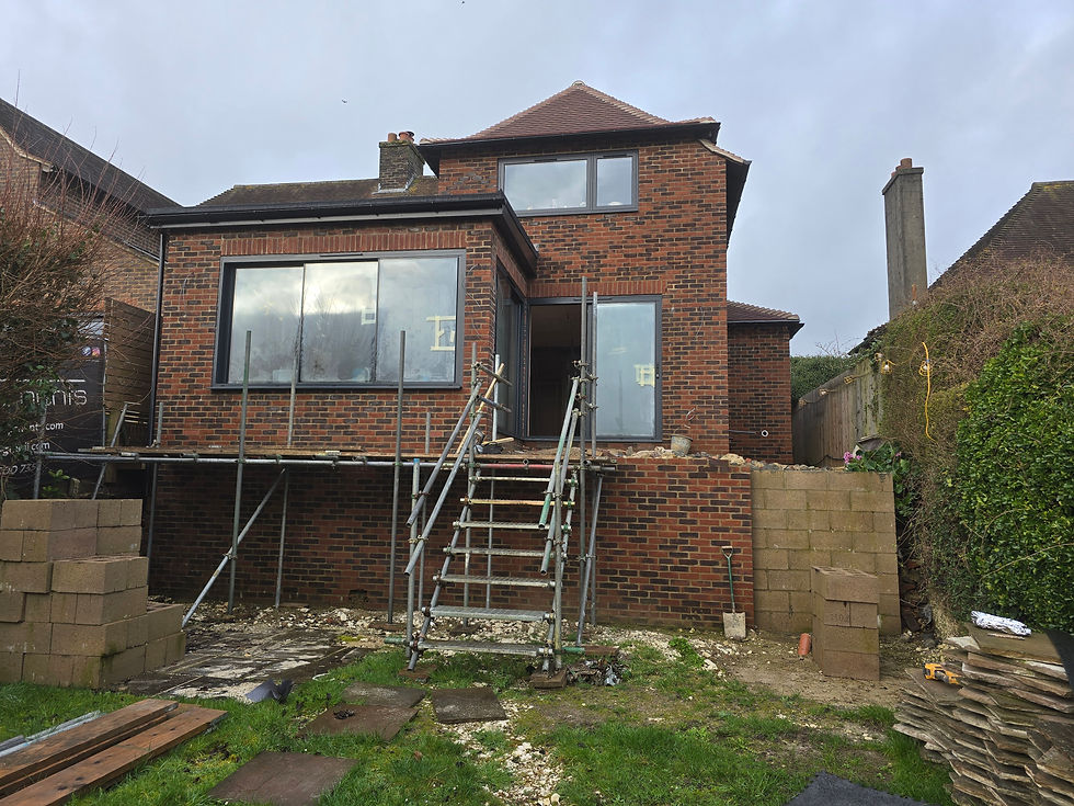 Brickwork extension project in Coulsdon by DAR Construction showing rear double storey extension with large glazed windows