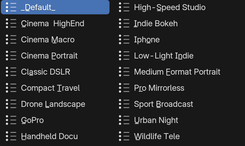 Presets - Opens a menu to apply built-in or custom camera and lens presets, including resolution, FPS, focal length, sensor size, f-stop, and DOF settings. Presets instantly reconfigure the selected PCam rig.