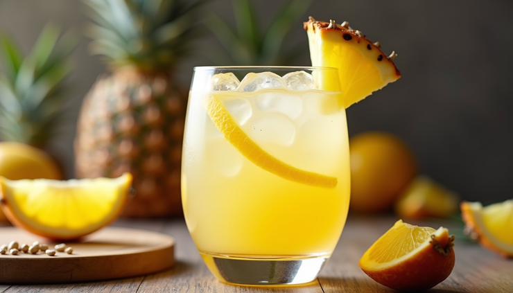 Close-up of a pineapple ginger fizz mocktail with lemon twist garnish