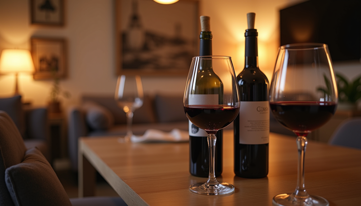 Eye-level view of a cozy living room table set with wine glasses and bottles