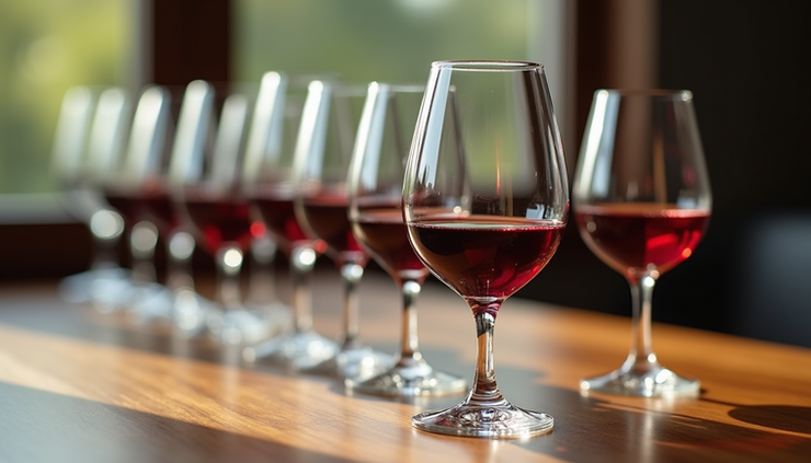 Eye-level view of a variety of elegant wine glasses arranged on a wooden table