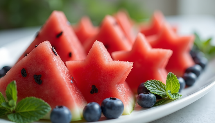 Close-up of star-shaped watermelon slices with blueberries and mint leaves on a white platter