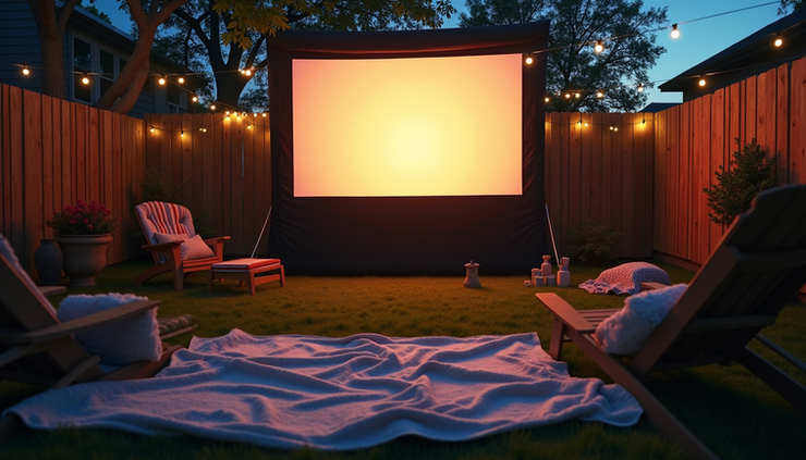 Wide angle view of backyard with outdoor projector screen and seating