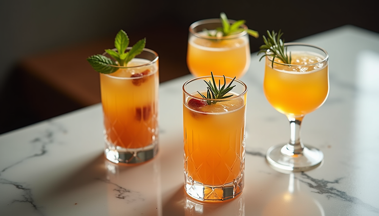High angle view of a table set with mocktails in elegant glassware and fresh garnishes