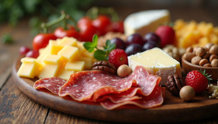 Close-up view of a colorful charcuterie board with assorted cheeses, meats, and fruits