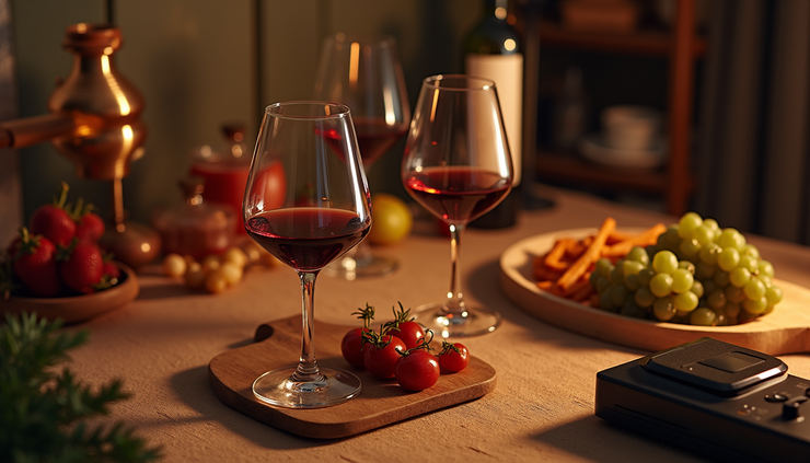High angle view of a wine night setup with glasses, snacks, and a music player