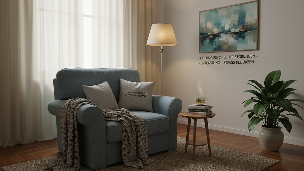 Eye-level view of a calm therapy room with a comfortable chair and soft lighting