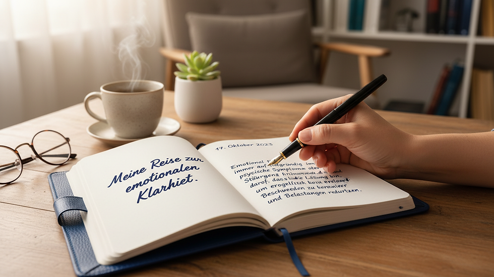 Close-up view of a hand holding a pen over a therapy journal