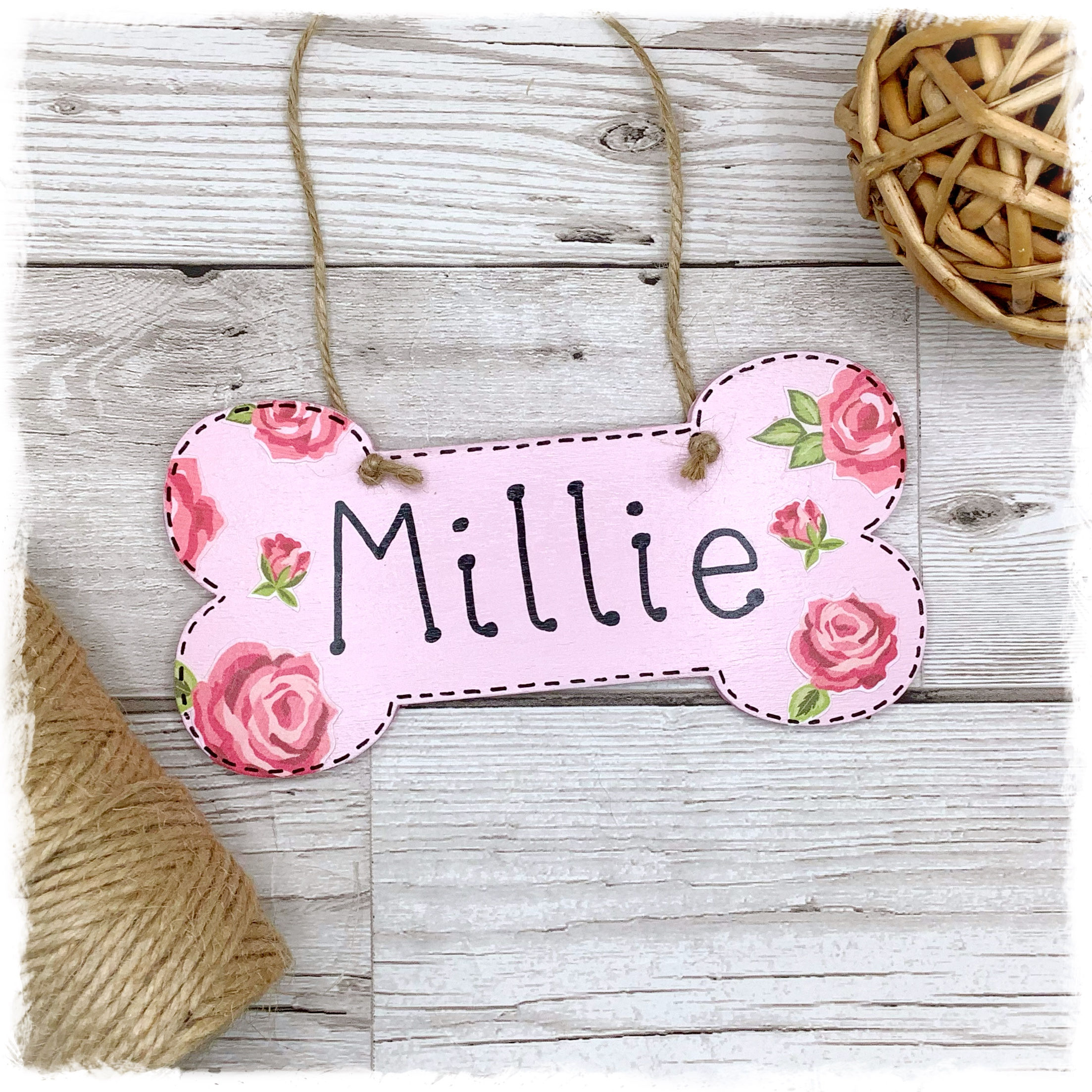 Personalised Hand Painted Dog Bone Name Sign - Roses
