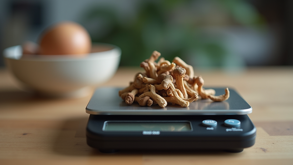 Eye-level view of a digital scale measuring a small dose of dried mushrooms