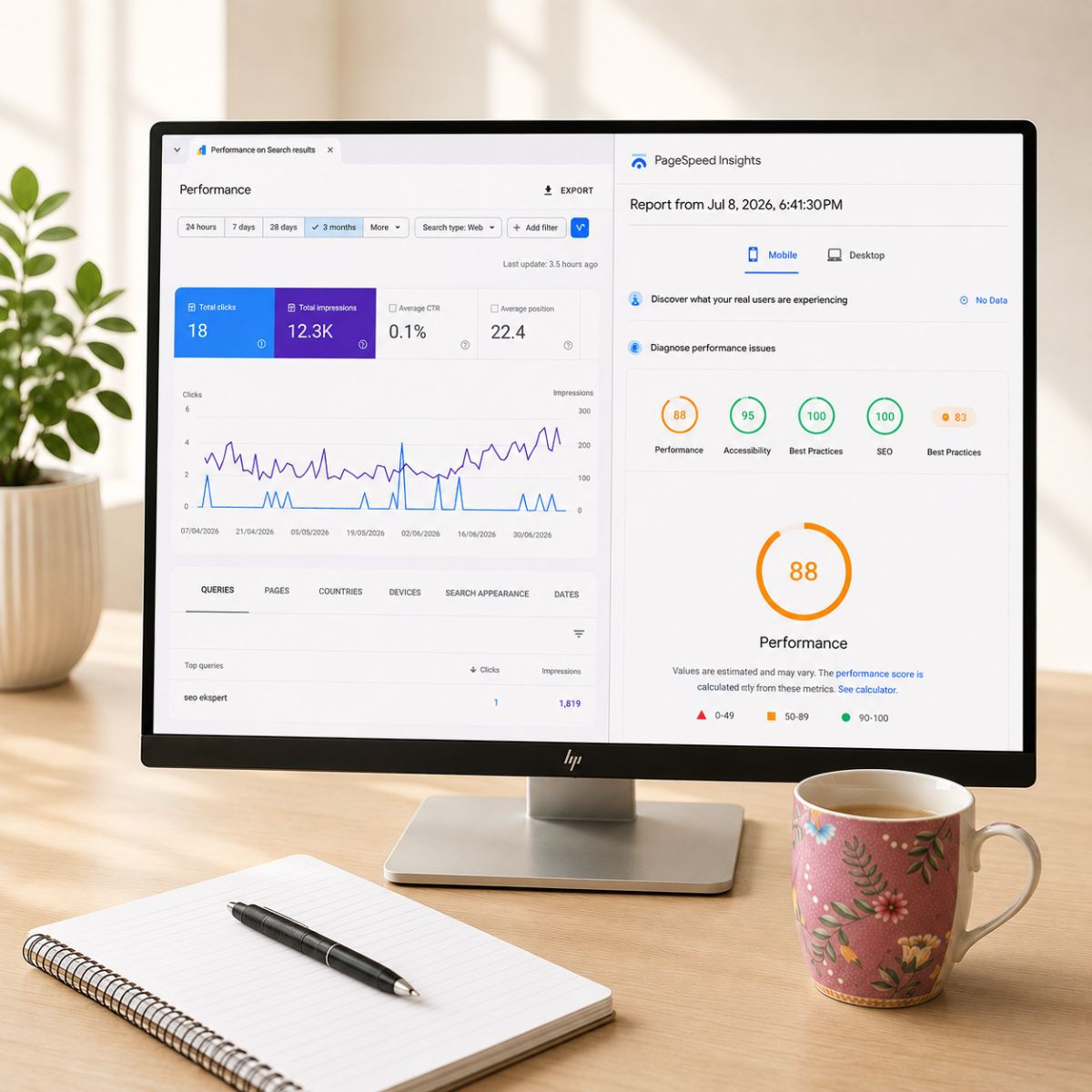 SEO-analyse av nettside med Google Search Console og PageSpeed Insights på skjermen.