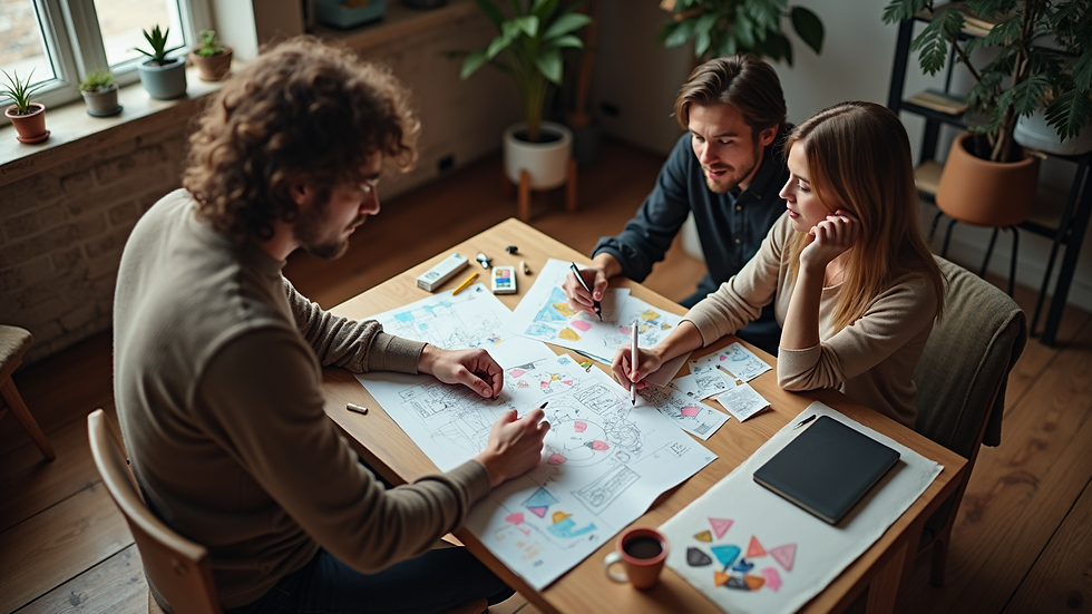 High angle view of a couple brainstorming creative ideas in a cozy studio