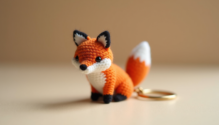 Close-up view of a handcrafted fox-shaped keychain with intricate details
