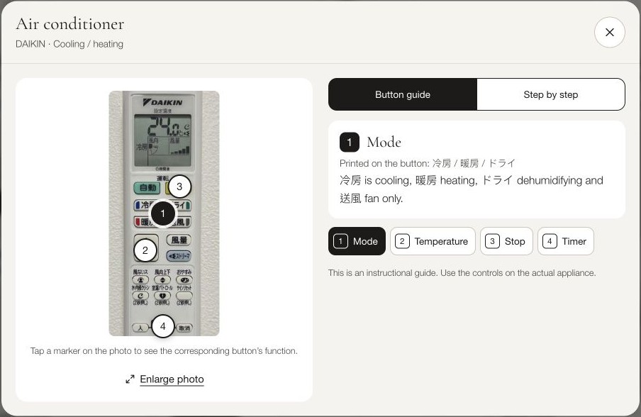 The LOHUS Guest Guide showing an air-conditioner remote with numbered markers and an explanation of the mode button