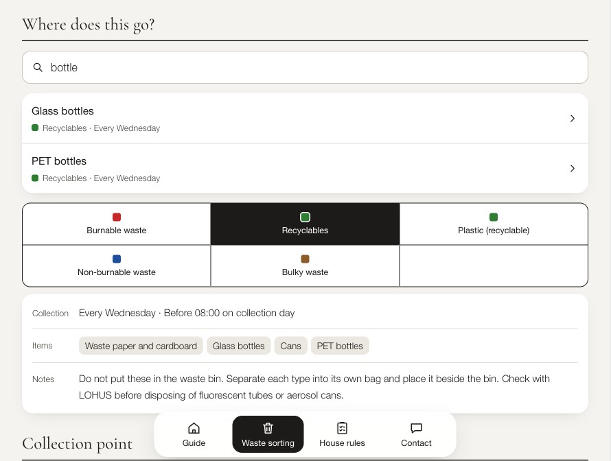 The item search in the LOHUS Guest Guide, with the category and collection day for each result