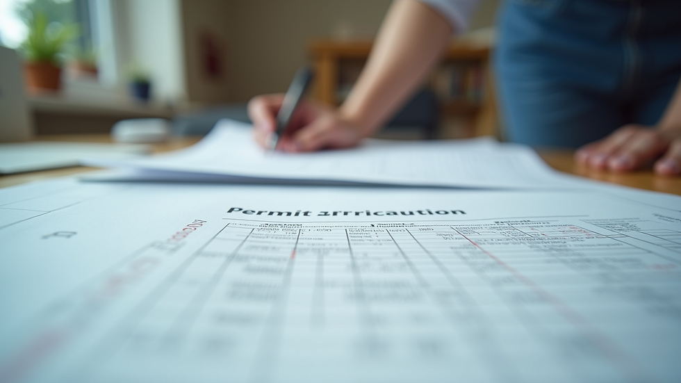 Close-up view of construction plans and permit application on a desk