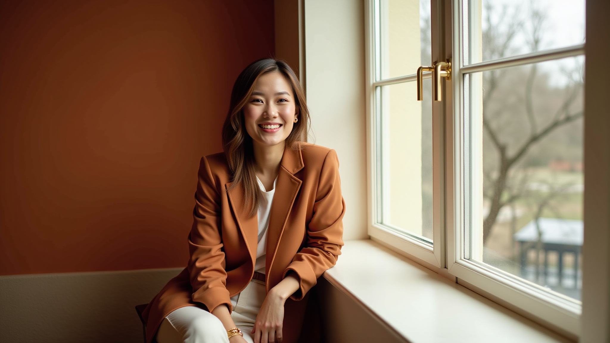 Smiling woman in burnt orange blazer