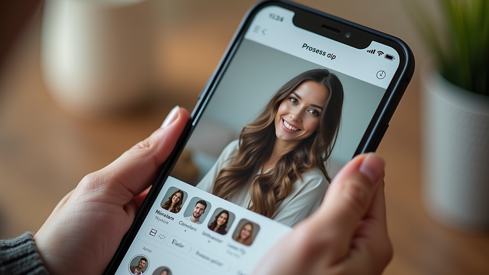 Close-up view of a smartphone showing a dating app profile with professional photos