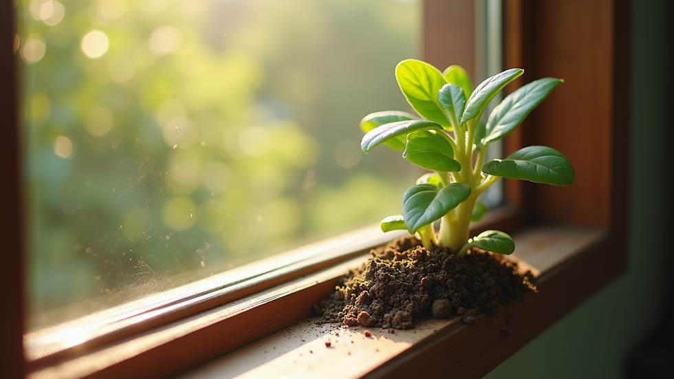 High angle view of a small plant growing in a sunlit windowsill