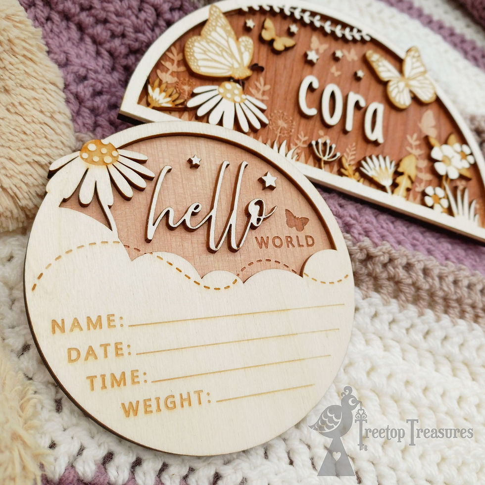 Thumbnail: Wooden Flower Hello World Birth Announcement Disc with matching name door plaque