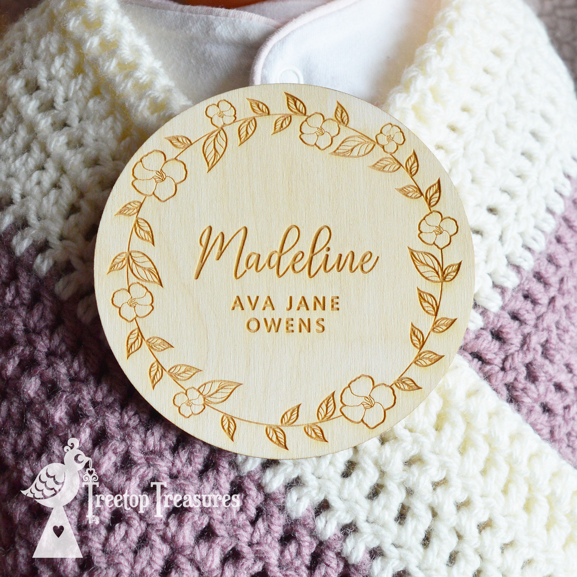 Personalised Floral Baby Announcement Disc