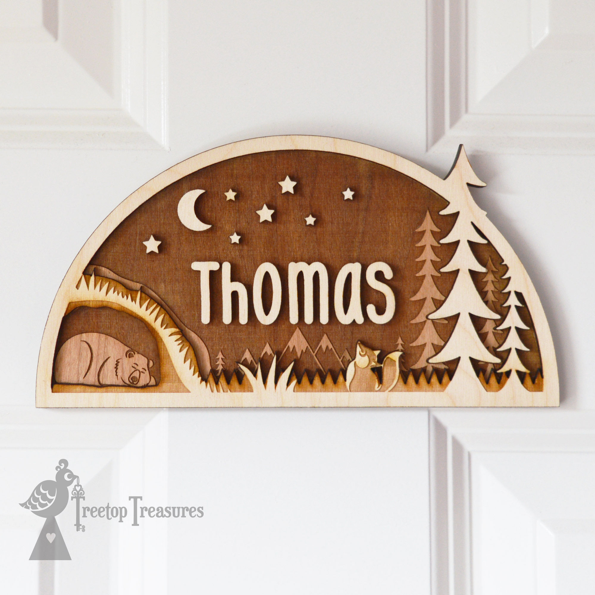 Personalised Forest Bear Wooden Name Door Plaque