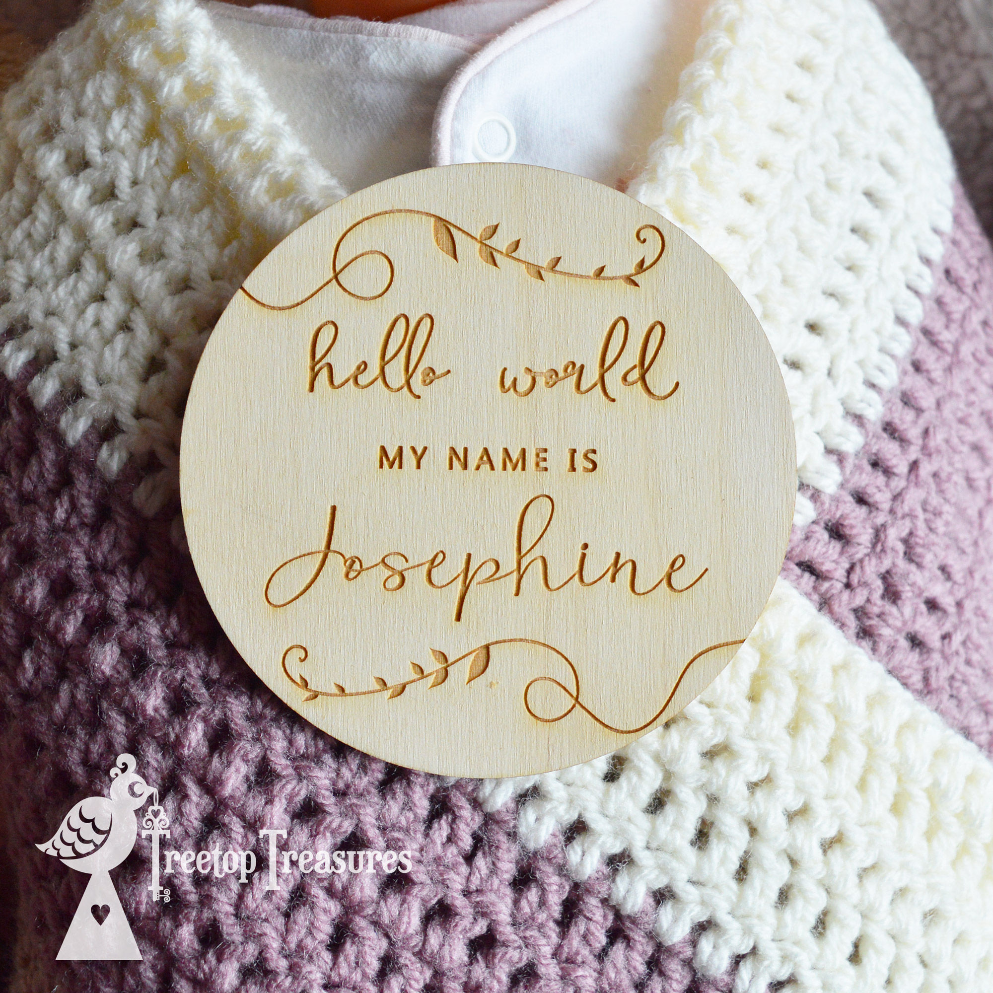 Personalised Elegant Leaf Baby Announcement Disc