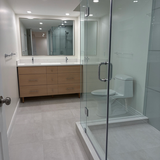 Basement bathroom renovation in Oakville with porcelain tile and modern vanity
