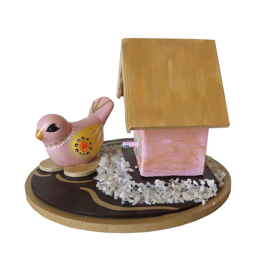 Miniatura: Casita decorativa de madera y pájaro de cerámica