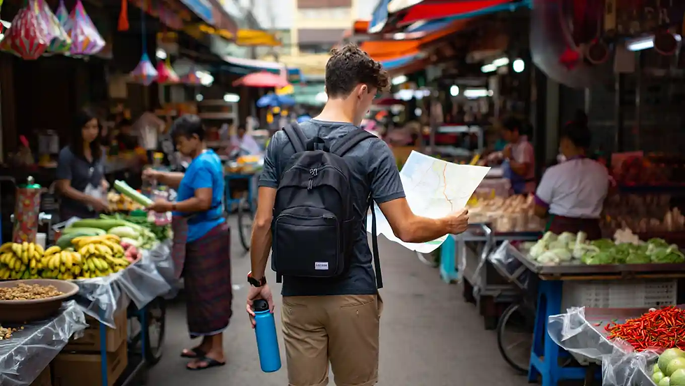 Viagem Internacional com Orçamento Baixo: Explorando mercado em Bangkok com orçamento baixo e mochila antifurto.