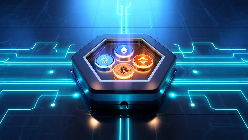 Moedas Digitais: Cofre high-tech guarda Bitcoin, ETH, SOL, XRP e ADA.