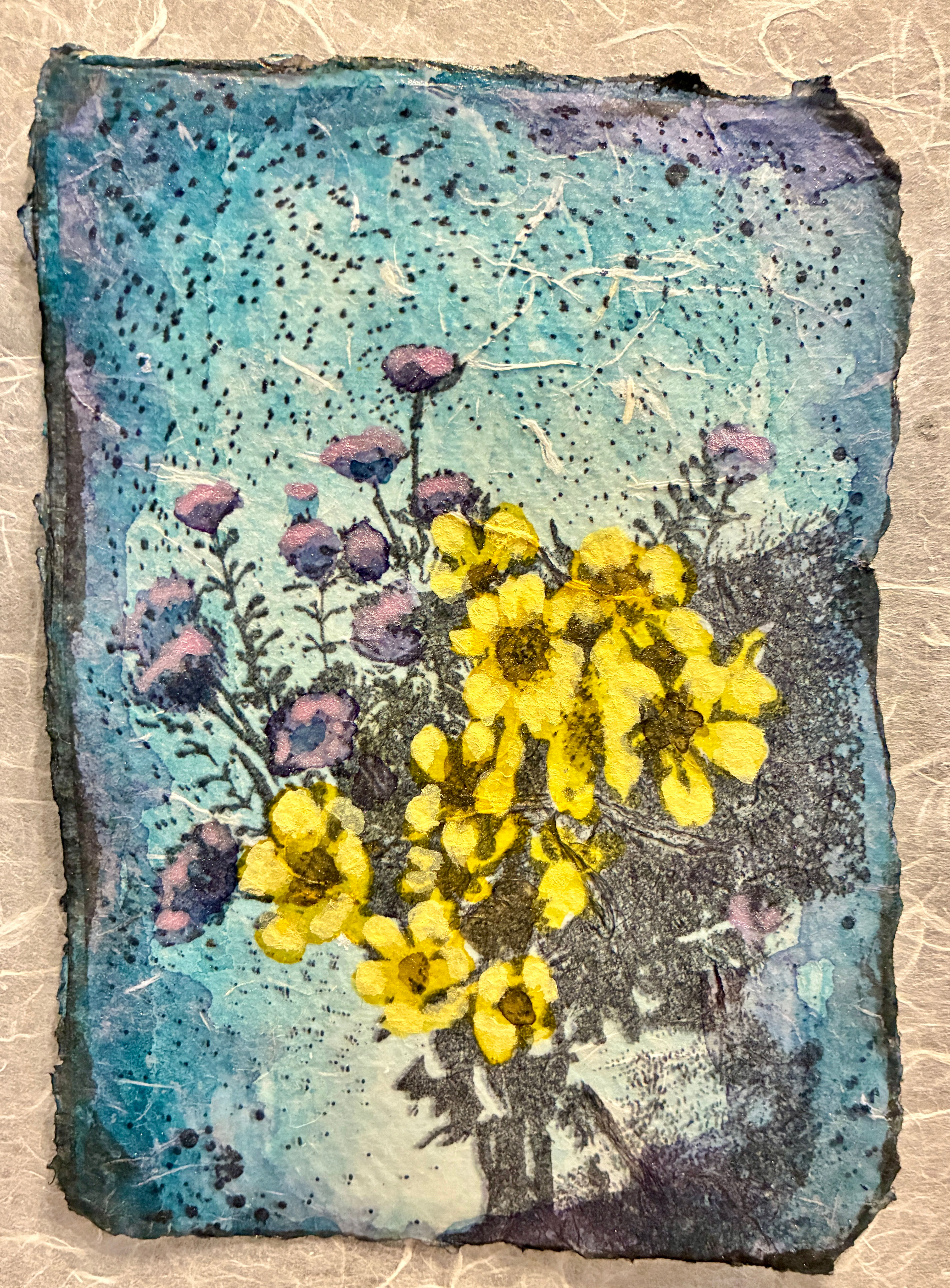 "A Bouquet of Flowers" (Yellow& Purple, Speckled Blue background)