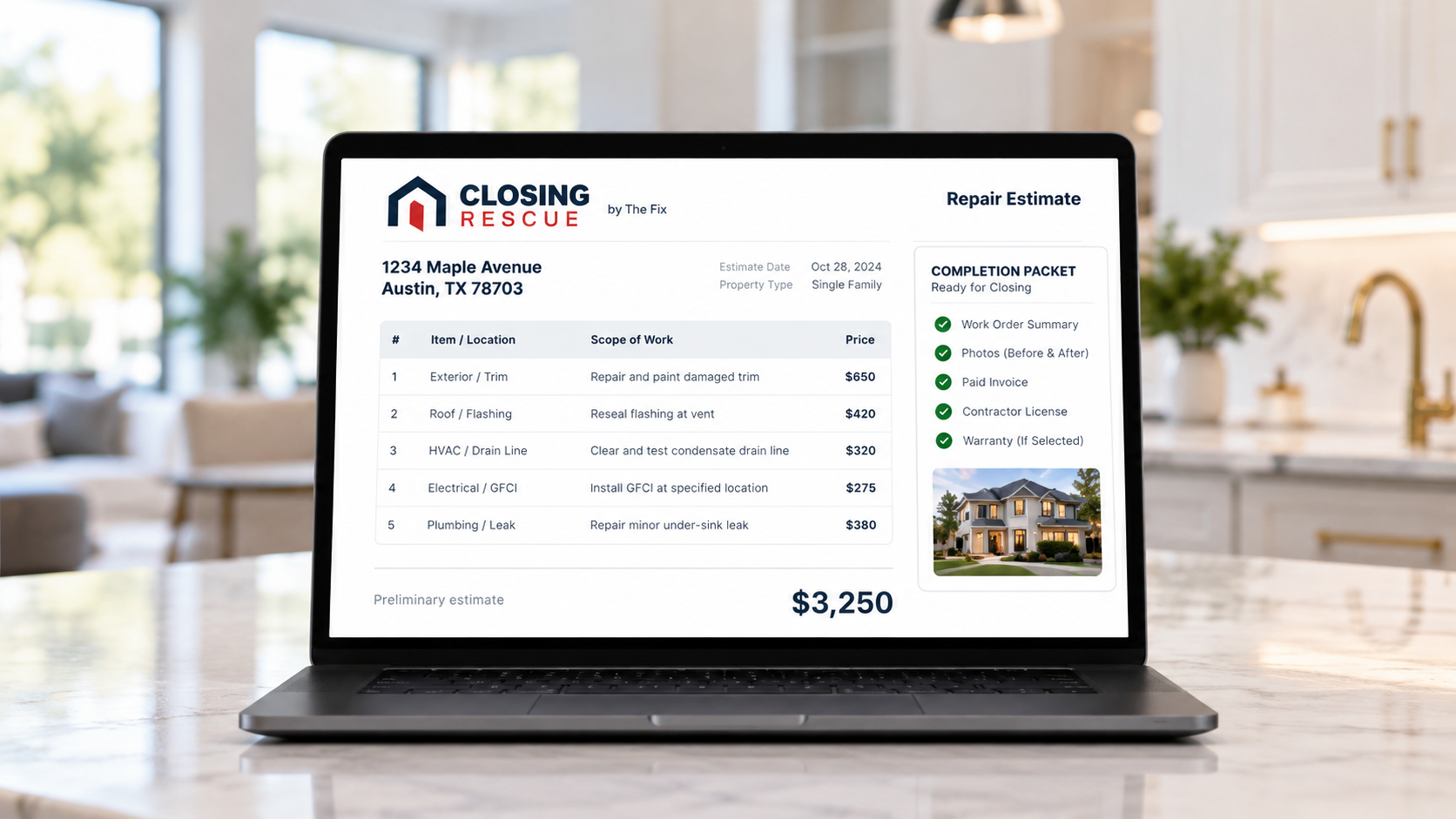 Closing Rescue repair estimate shown on a laptop in a kitchen