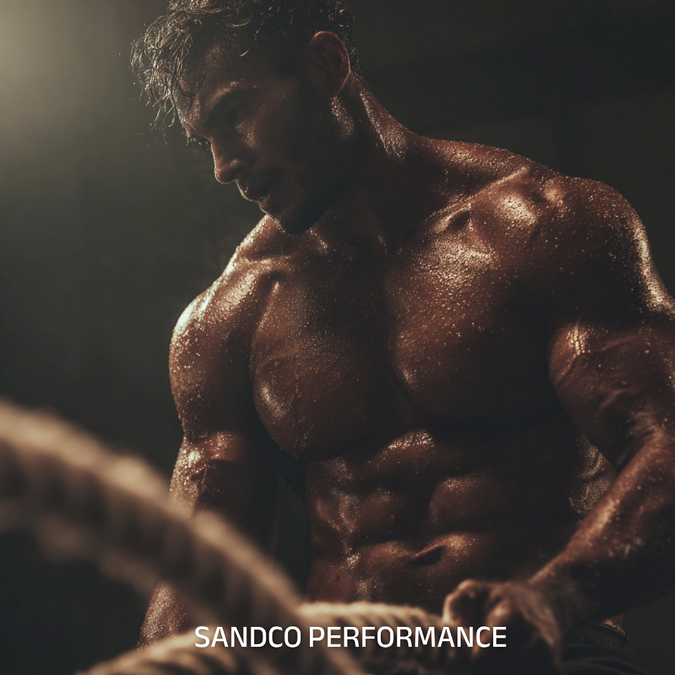 Muscular man exercising with ropes, sweating intensely. Dark, moody gym setting. Text: "SANDCO PERFORMANCE" at the bottom.
