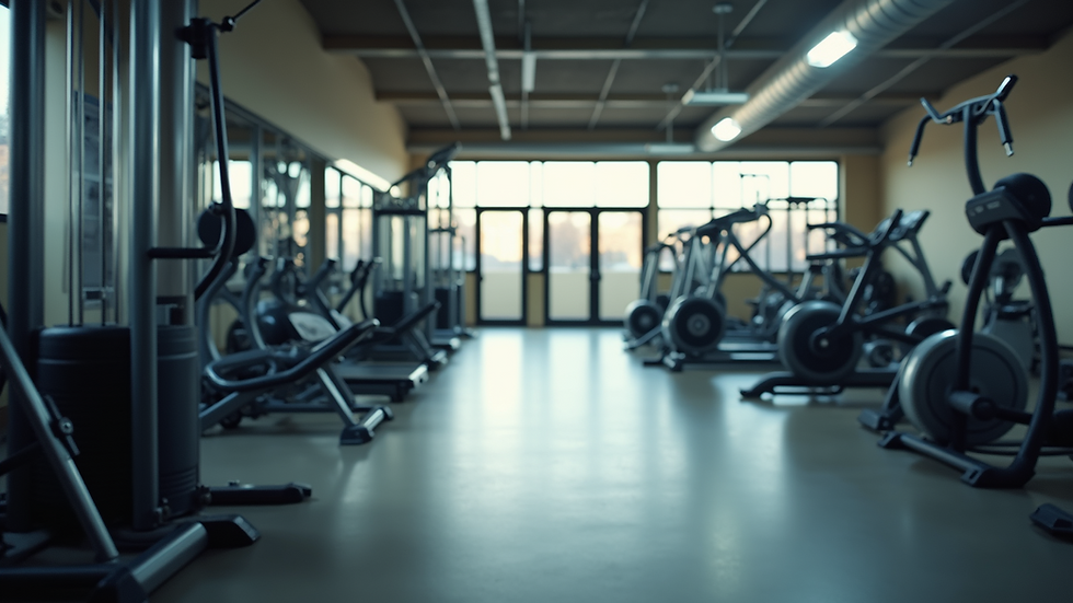 Eye-level view of a gym with various exercise equipment arranged neatly