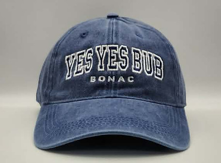 Navy baseball hat with YES YES BUB Bonac text