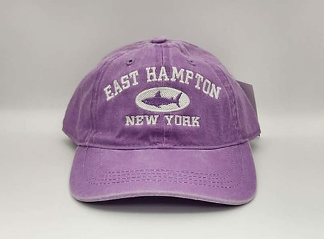 Purple children's baseball cap with "East Hampton NEW YORK" logo and shark graphic