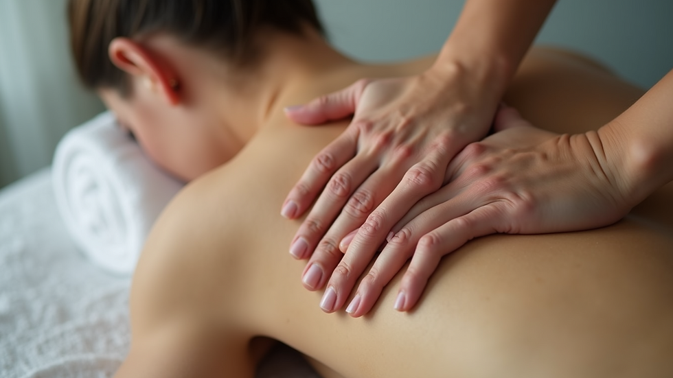 Close-up view of massage therapist’s hands applying gentle pressure on a client’s back