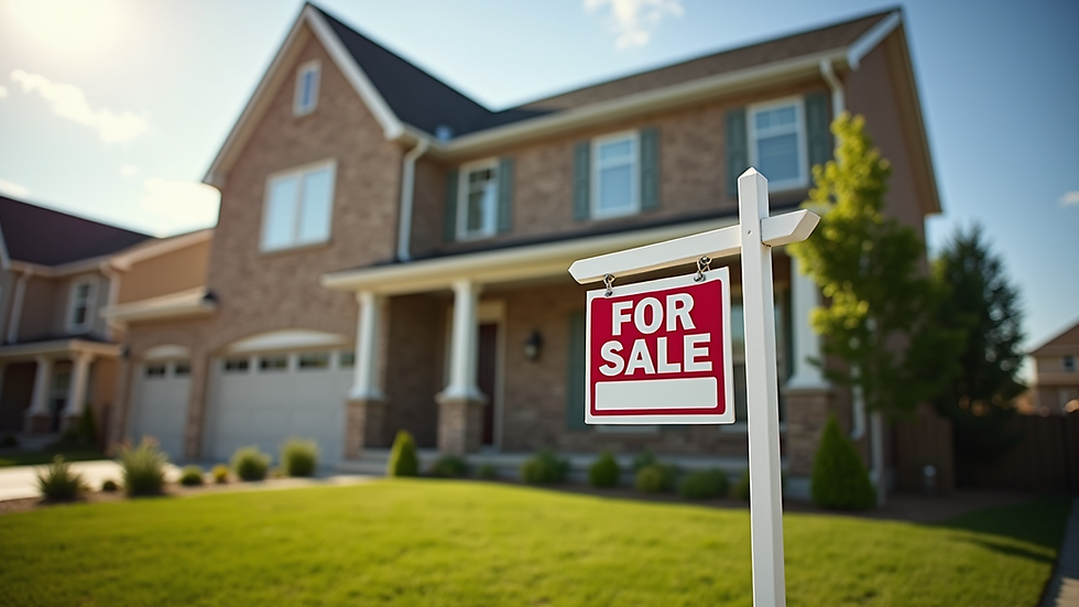 Eye-level view of a suburban house exterior with a "For Sale" sign
