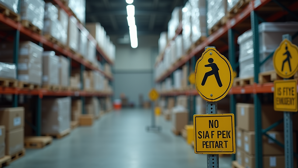 Close-up view of safety signage and protective equipment in a warehouse