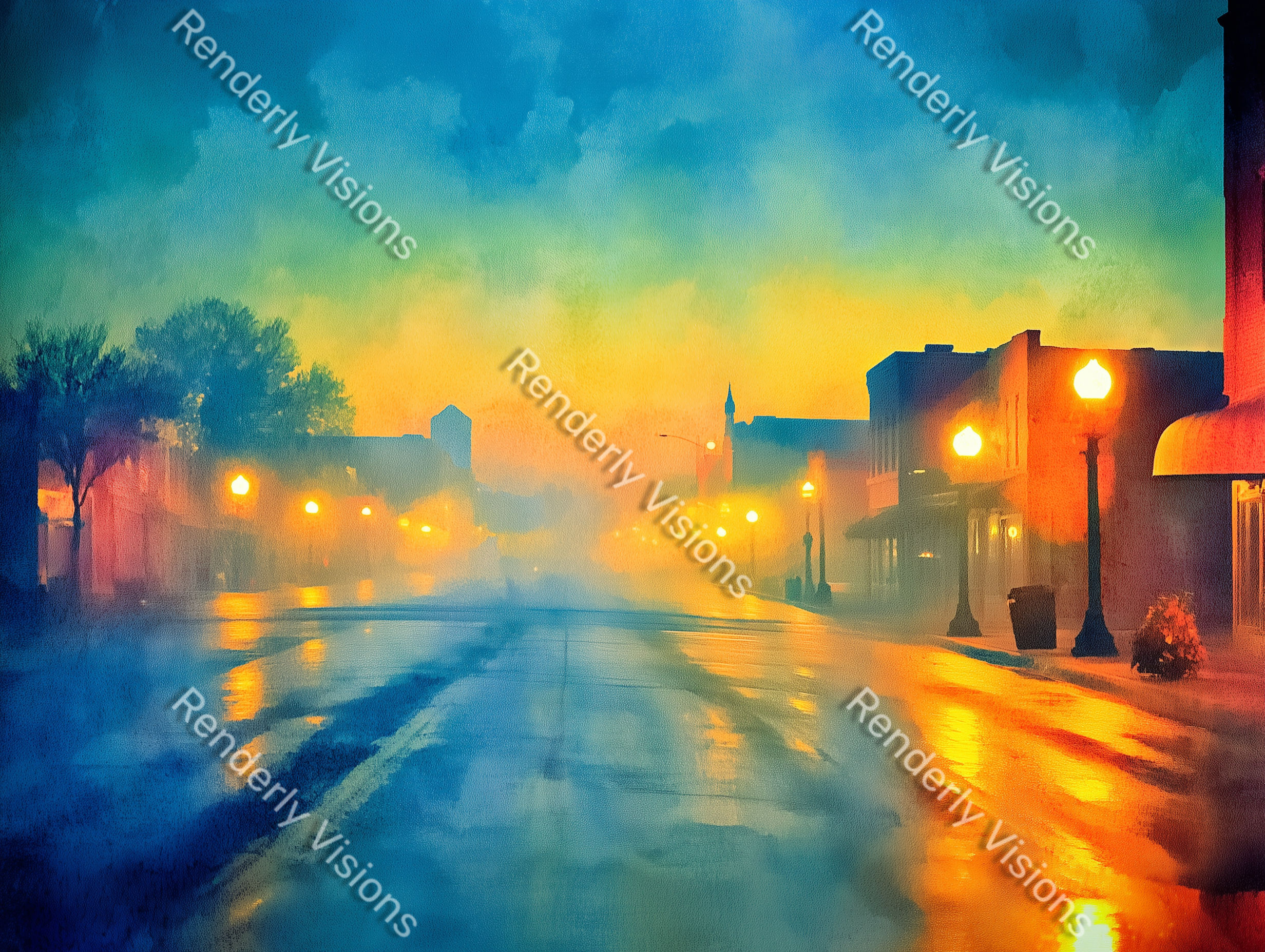 Dreamlike deserted small-town main street with vintage 70s mood, digital artwork representation