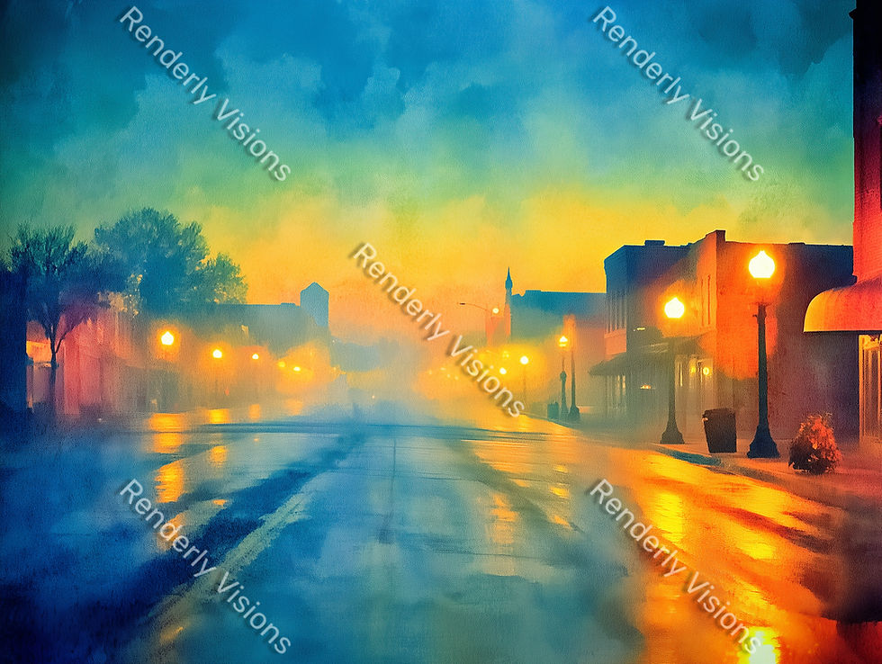 Dreamlike deserted small-town main street with vintage 70s mood, digital artwork representation