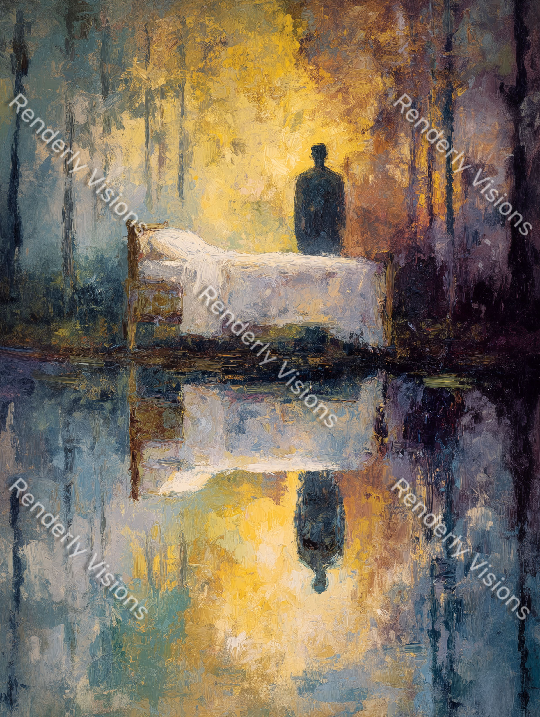Man mirrored in two realities, dream forest and waking world combined, digital artwork representation