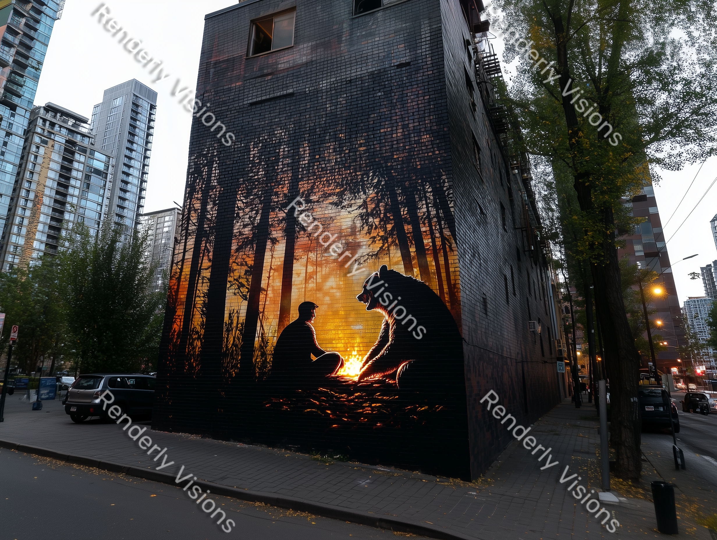 Mural of a man and bear laughing around a campfire in surreal satire, digital artwork representation