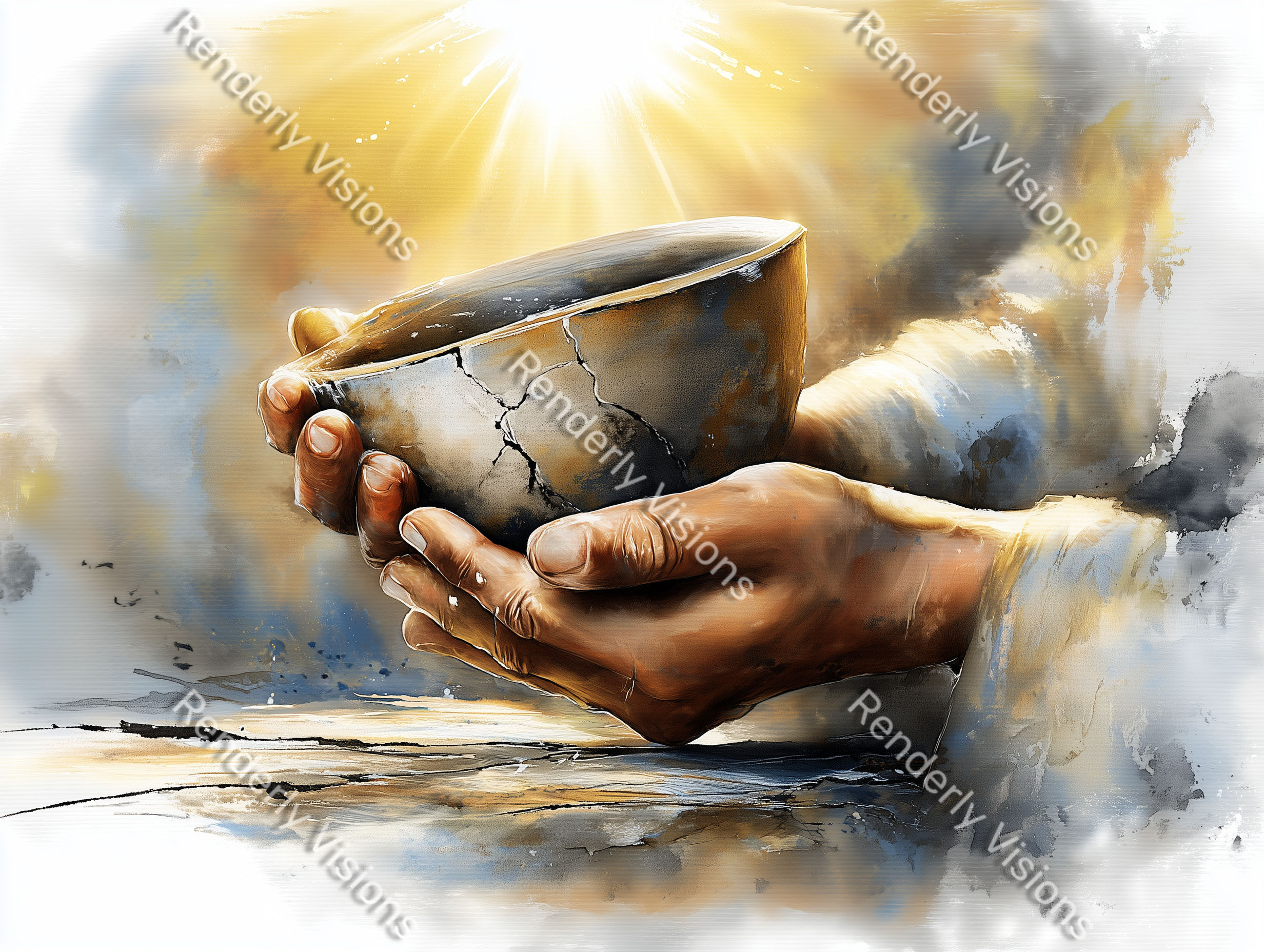 Jesus’ hands as the Potter hold a broken vessel symbolizing restoration, digital artwork representation