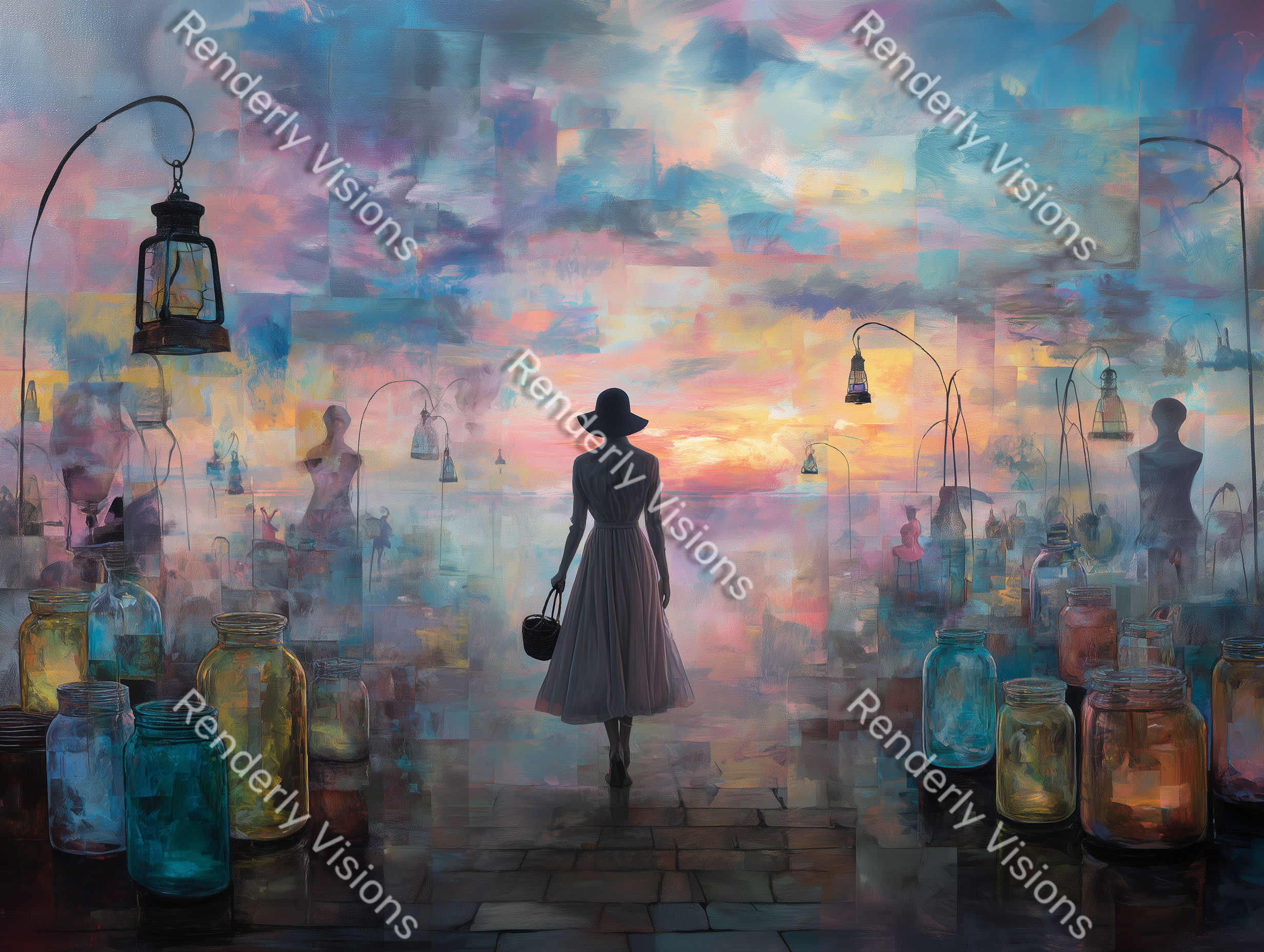 Silhouette of a woman walking through a surreal dream bazaar between sleep and waking, digital artwork representation
