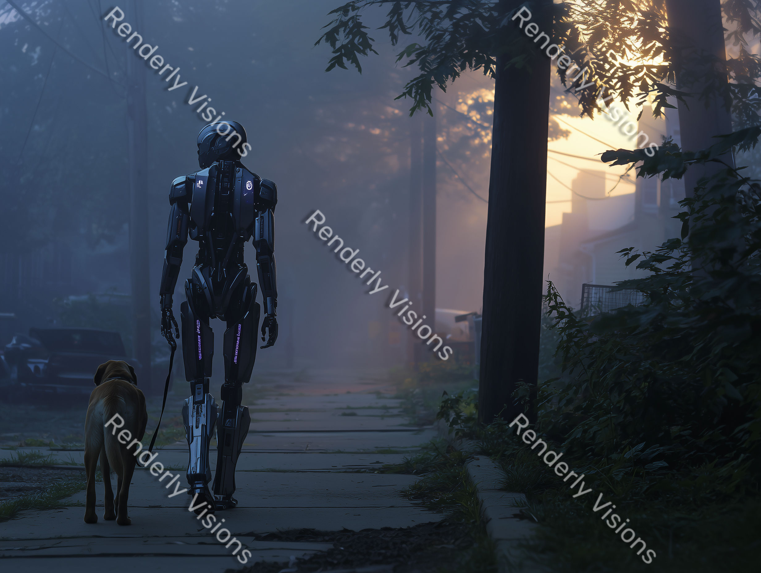 Humanoid robot walking a dog down quiet street at sunrise, digital artwork representation
