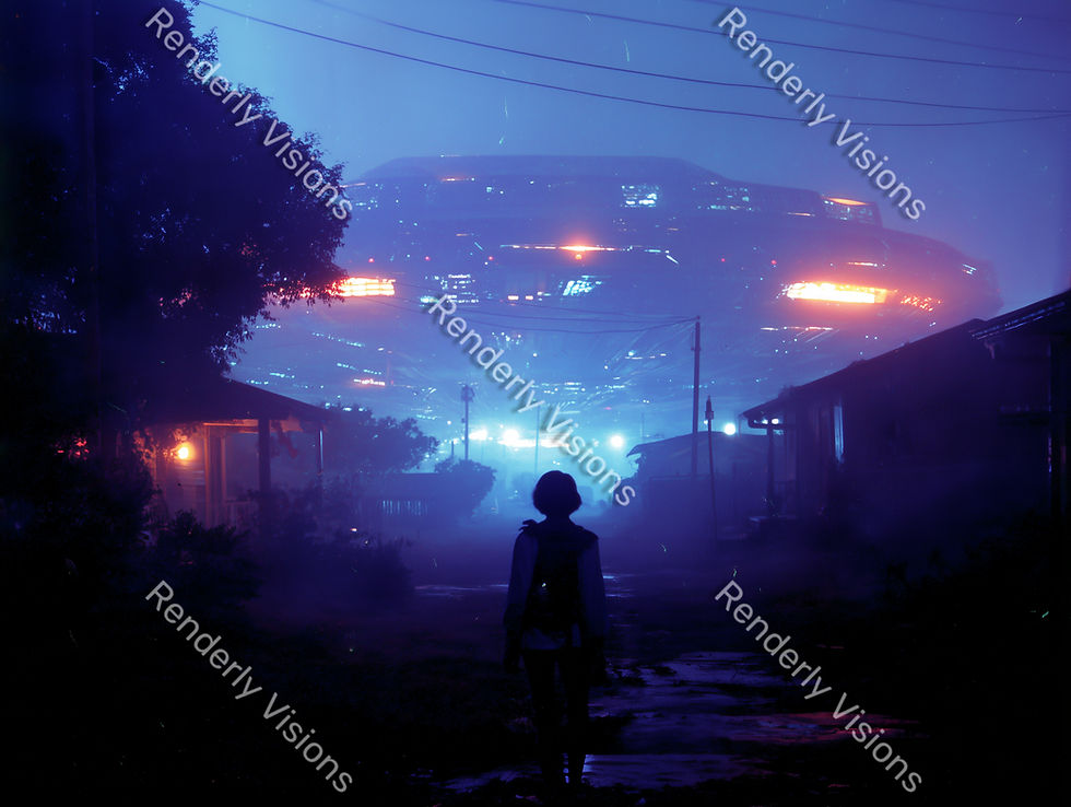 Teen stands on suburban street at night staring up at glowing UFO overhead, digital artwork representation