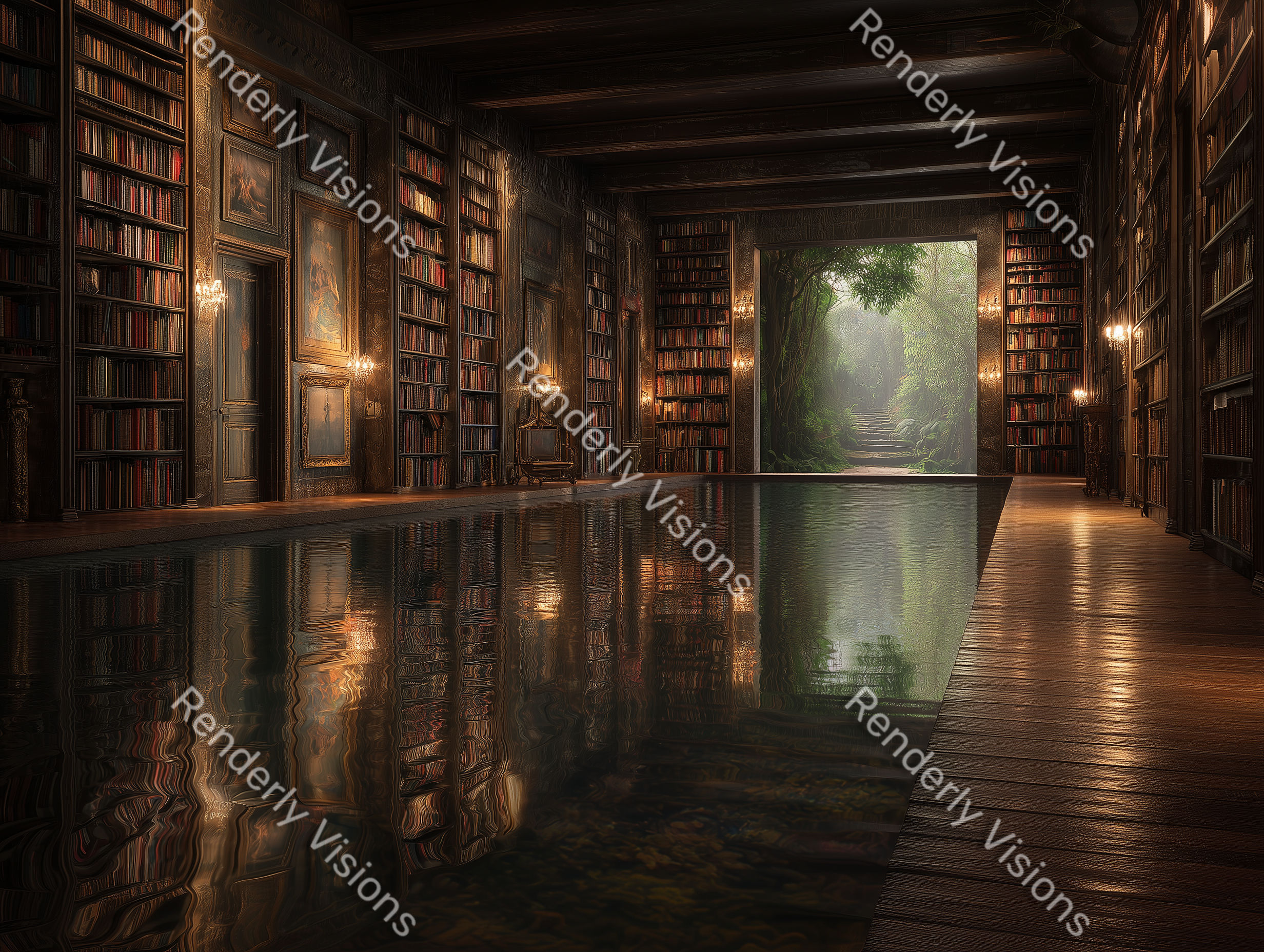 Surreal library with endless books, central reflection pool, and portal to forest, digital artwork representation